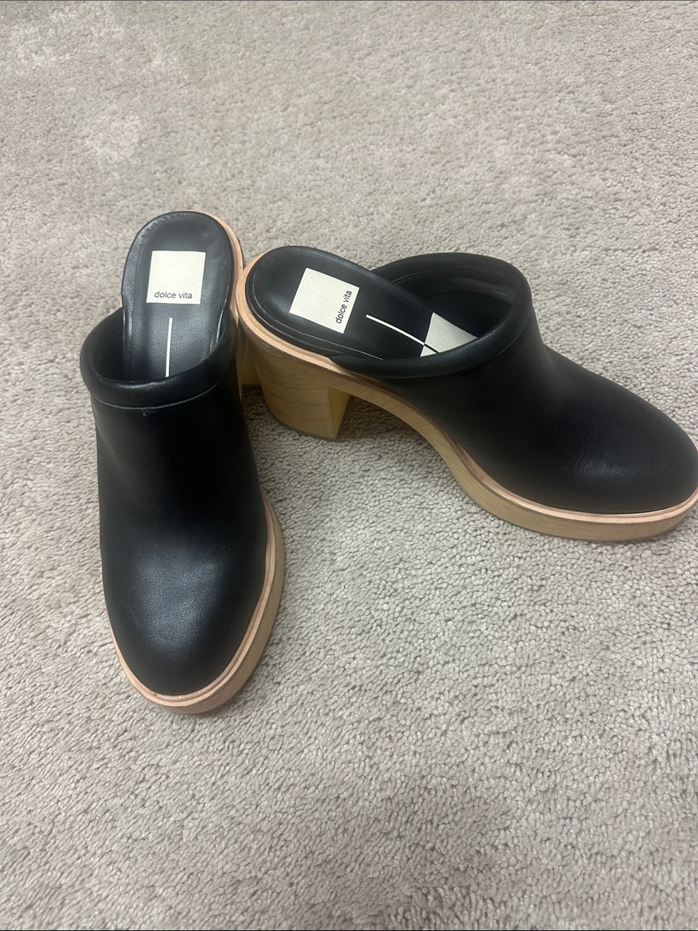Dolce Vita Black Leather Mule Clogs with Natural Wood Platform